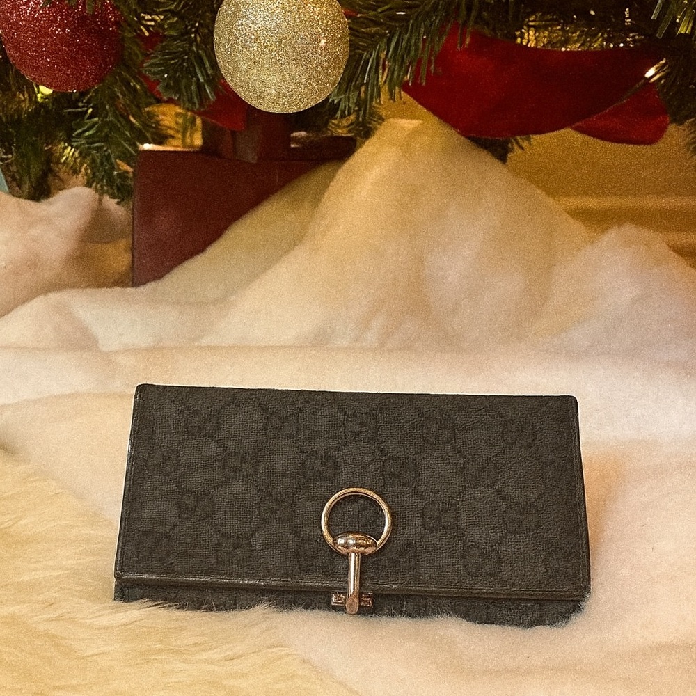 Gucci Black GG Canvas and Leather Horsebit Clasp Continental Wallet Double Sided